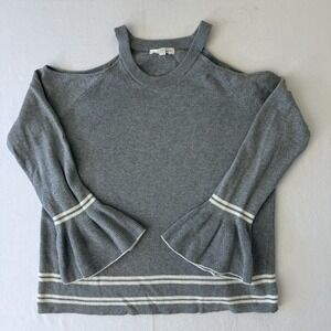 Honey Punch Grey Cold Shoulder Bell Sleeve Striped Cotton Sweater Womens Medium